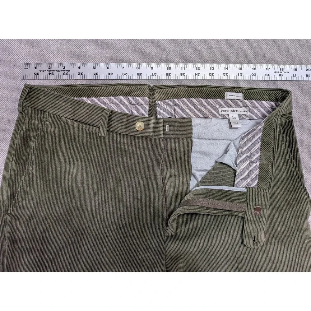 Peter Millar Men's Olive Green Corduroy Pants 34x30 Nanoluxe Stretch Office